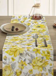 1pc Linen Table Runner With Yellow Flowers And Grey Leaves, Floral Gift Design Table Cloth, Suitable For Home, Restaurant And Dining Room, Table Decoration, Home Decor, Indoor And Outdoor Party Supplies - Multicolor - View 4