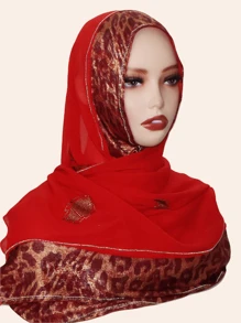 1pc Women Hijab Fashion Sequin Patchwork Leopard Print Scarf, Decorated With -Style Rhinestones, High-End Long Shawl, Suitable For Abaya