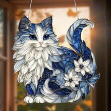 2D 平面，令人惊叹的蓝白猫亚克力捕梦网，7.9 英寸 - 复古风格家居、窗户、花园墙壁装饰 | 送给女性、家人、朋友的理想礼物 | 无需电力，猫咪装饰 - 彩色 - 查看 9