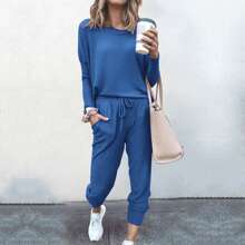 Women Tracksuits, Casual Sportswear Set Solid Color Long Sleeve O-Neck Pullover+Drawstring Trousers Lady Spring Tracksuit Outfit - Blue - View 1
