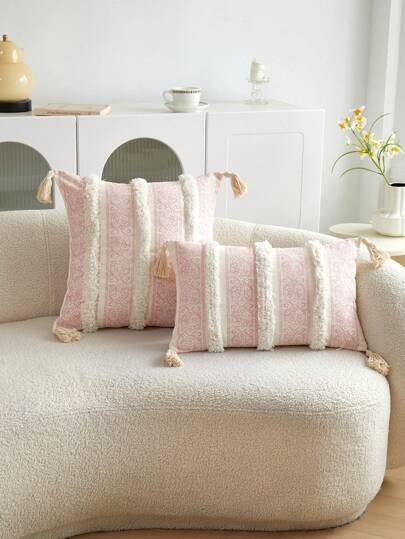 1 件粉色几何复古图案印花天鹅绒条纹刺绣装饰抱枕套，适合室内装饰，四季皆宜，带流苏装饰，仅枕套（无填充物）