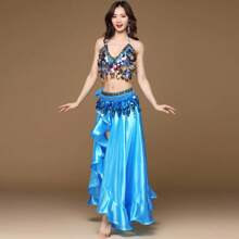 1 Set Belly Dancing Costume Includes Top & Skirt (Waist Chain Optional), Shell-Shaped Pendant Bra, Studded Copper Waist Chain, Ruffle Dance Skirt, Adult Dance Outfit, Annual Party Opener Dance Performance Costume, Nightclub Dance Wear, Dance Accessories. Adjustable Size Bra & Waist Chain, Skirt Length 95cm/37.4in - Dresses - View 22