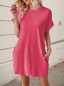 hoteel Basic Minimalist Pure T-Shirt Mini Dress With Pockets, Casual Street Style Idea To Daily Wear, Woman Clothes - 薔薇色 - 查看 3