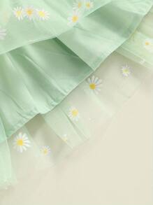 Vestido de princesa para niñas pequeñas, con bordado de margaritas y frutas, sin mangas, informal, de verano, de malla y tul, esponjoso - Verde - Ver 7
