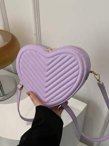1 pieza Bolso pequeño de unicolor simple y elegante para niñas, nueva bolsa de mensajero de hombro con textura en forma de corazón, material de PU, bolso de corazón de niña de moda, bolso de mensajero de hombro a cuadros elegante y versátil con cierre de cremallera, muy adecuado para salidas y citas