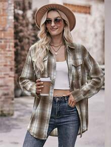 Plus Size Women Casual Plaid Shirt With Pockets