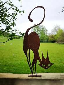 HELLOYOUNG 1 pièce Ornements de clôture en fer forgé pour chat, série rouillée Statue de chat pour jardin extérieur, convient pour piquets de pelouse, décorations de fête de jardin, cadeaux