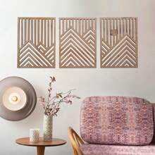 3 pièces Œuvre murale en bois rustique - Grandes sculptures géométriques de montagnes et de soleil, ensemble de 3, décoration d'intérieur bohème pour salon, chambre à coucher, bureau avec installation facile