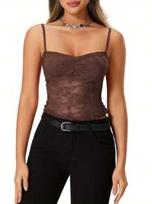 Women's Summer Lace Cami Tops Sleeveless Ruched Front Solid Color Camisole Slim Fit Tank Tops - Brown - View 1