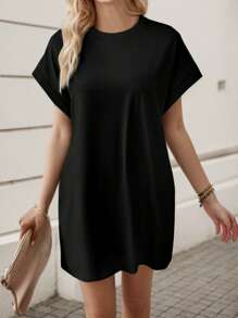hoteel Basic Minimalist Pure T-Shirt Mini Dress With Pockets, Casual Street Style Idea To Daily Wear, Woman Clothes - màu đen - Xem 4