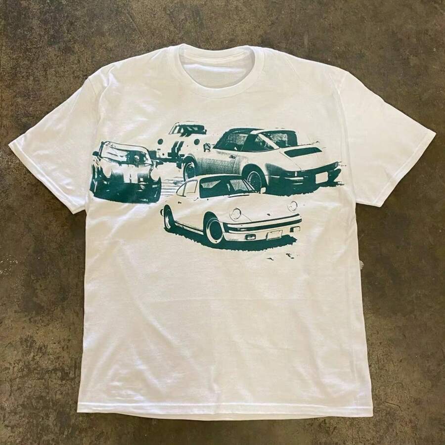 Classic Fashion T-Shirt Short Sleeve Car Print Cartoon T-Shirt White Shirt Top Tee Shirt Short Sleeves Clothes Plus Size - 白色 - 查看 1