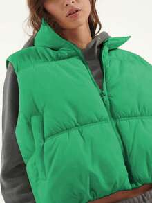 Women's Cropped Puffer Vest Winter Zip Up Stand Collar Sleeveless Bubble Vest - 綠色 - 查看 4