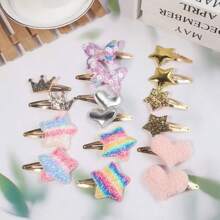 16pcs/Pack Cute Girls Hair Accessories - Star & Heart Shaped Hair Clips, Colorful Hair Clips, Snap Hair Clips, Metallic Sequin Hair Clips - Multicolor - View 2