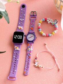 2 pièces Montre bracelet LED numérique à décor de licorne pour filles et 2 pièces Bracelets de licorne avec perles, convient pour un port quotidien et comme cadeau