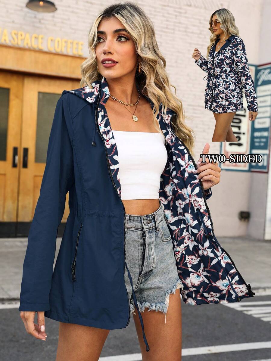 Giolshon Women's Cream Double-Sided Hooded Jacket - Reversible Printed Design, Casual & Fashionable, Suitable For Daily Layering, Autumn/Winter - Navy Blue - View 1