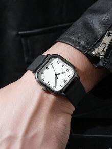 1 Peça cinto masculino e quadrado casual simples escala digital mostrador clássico relógio de pulso de quartzo moderno, sem caixa de relógio incluída