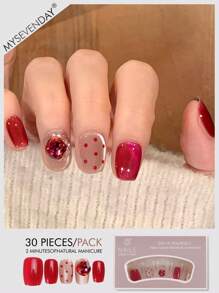 30片短款棺材形按压假指甲贴片，红宝石简约甜美酷炫日韩风女士指甲贴片，新款时尚指尖，配1片果冻胶和1片摩擦条，适合女性派对、舞会、日常休闲装，可拆卸可重复使用按压指甲 - 彩色 - 查看 3