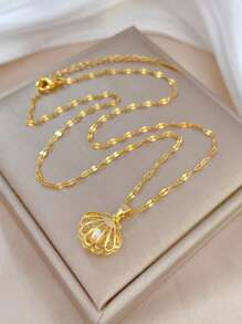 1pc 18K Gold Plated Stainless Steel Hollow Shell Pearl Pendant Necklace For Women Party