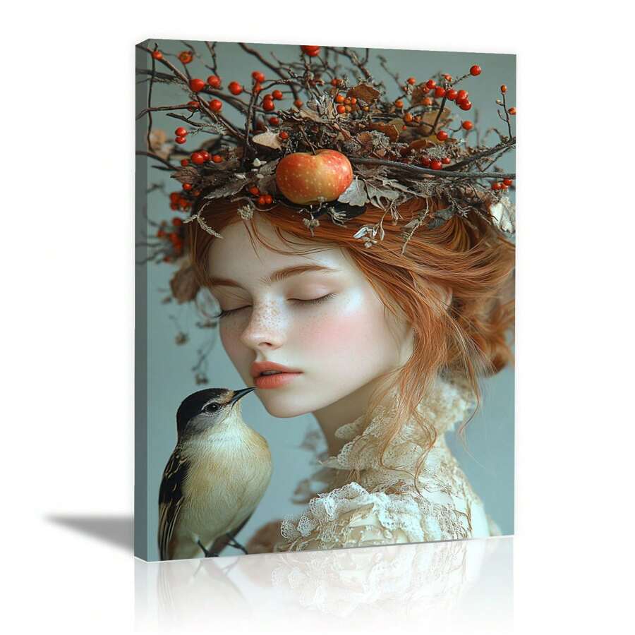 Wall Picture Bedroom, Red-Haired Woman With An Apple On Her Head Abstract Girl Canvas Wall Pictures (Girls, With Frame), Suitable For Living Rooms, Bedrooms, Offices, Cafes - Perfect Gift For Family And Friends (Red) - Red - View 1