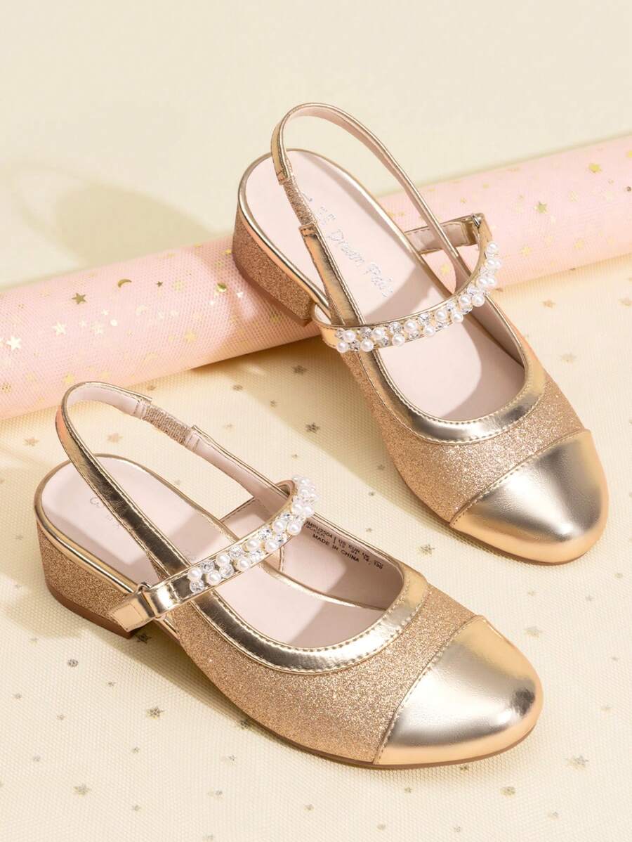 Girls Dress Shoes Slingback Heels Round Toe Pump For Little Big Kids Flower Party Wedding Princess - 金色 - 查看 1