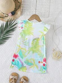 女童荷叶边盖袖花卉印花可爱卡通连衣裙，适合度假、海滩、日常穿着