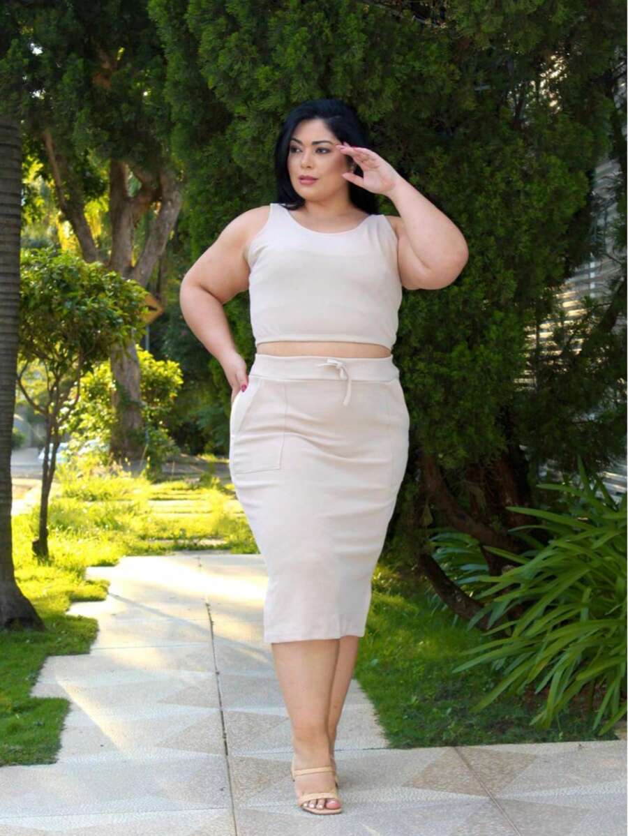 Conjunto Cropped e Saia Midi Plus Size - Areia - Visão 1