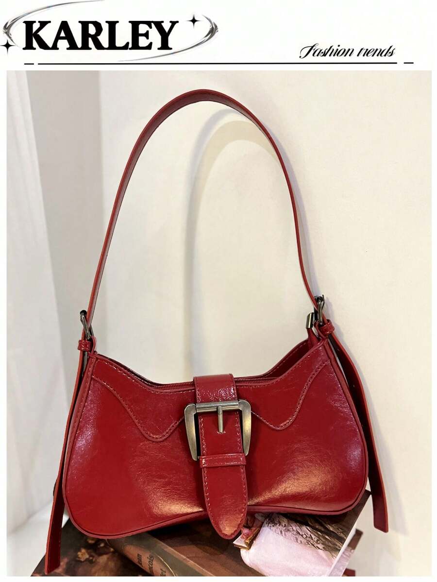 酒红色复古时尚法棍包，简约新月形女士单肩包，酒红色甜美清爽可锁腋下包，小众设计性感单肩/斜挎包 - 彩色 - 查看 1