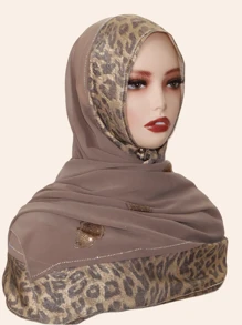 1pc Women Hijab Fashion Sequin Patchwork Leopard Print Scarf, Decorated With -Style Rhinestones, High-End Long Shawl, Suitable For Abaya
