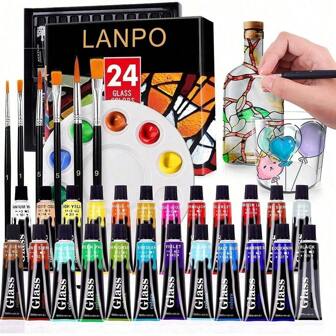 Set de 12/24 colores de pintura para vidrio de 12ml con 6 pinceles de nailon, 1 paleta, kit de pintura acrílica esmaltada impermeable para volver a la escuela, útiles escolares