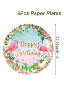 1系列夏季夏威夷风格派对一次性餐具，火烈鸟棕榈菠萝热带植物纸盘，纸杯，餐巾，生日派对套装，夏威夷主题派对生日装饰用品，婴儿派对氛围道具，节日用品，家居装饰，厨房餐桌装饰，快乐夏天，派对用品 - 夏威夷火烈鳥 - 查看 9
