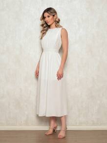 Elegant Women's Crepe Dress - Fitted Waist, Discreet Neckline And Loose Skirt - Ideal For Formal And Casual Events - 白色 - 查看 4