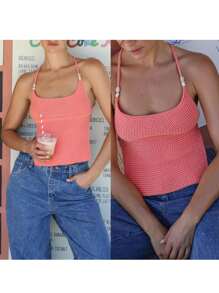 Women's Knit Cami Tops Tie Up Sleeveless Open Back Solid Color Halter Neck Tank Tops - 紅色 - 查看 5