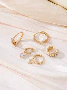 Set de 5 piezas de aretes de cobre con zirconia cúbica y perla falsa en dorado, joyas livianas adecuadas para banquetes, fiestas y bodas de mujeres - Amarillo Oro - Ver 2
