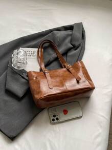 Minimalist Fashion Large Capacity Underarm Tote Bag, For Commuting - Brown - View 3