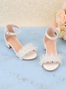 女孩时尚可爱纯色花朵露趾高跟凉鞋，透气轻便，适合婚礼、派对、公主鞋 - 白色 - 查看 3