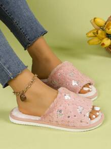 Butterfly Open-Toe Slippers For Women, Fluffy Warm Slip-On Slippers For Indoor/Home Use, Comfortable & Breathable All-Season Slides