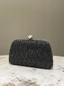 1pc Elegant Black Shiny Rhinestone Embellished Double-Sided Women's Clutch Bag, Formal Evening Party Wedding Handbag, Suitable Gift For Ladies - Black - View 4
