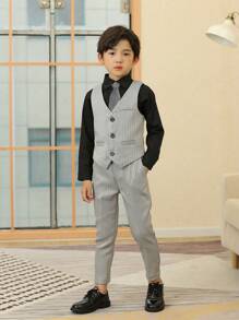 New Boys Suit Formal Wear For Piano Performance, Wedding Ceremony, Pageboy Outfit, Striped 3 Pieces Set: Vest + Pants + Tie