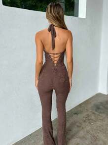 Women Lace Jumpsuits Halter Neck Cross Backless Sleeveless Long Rompers Summer Slim Playsuits Clubwear - Beige - View 5