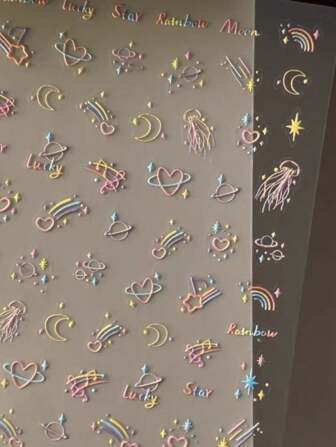 1 梦幻星空简约可爱Ins儿童趣味云朵贴纸美甲高美白可爱DIY浮雕涂鸦，用于指甲装饰、封面装饰、手机壳装饰，免费DIY自带背胶