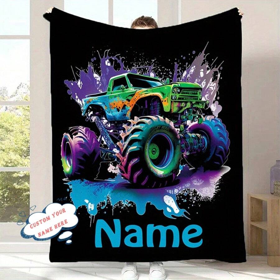 Chăn nỉ hình xe tải quái vật hoạt hình cá nhân hóa - Mềm mại, ấm áp cho ghế dài, giường, du lịch | Tùy chọn tên tùy chỉnh | Món quà hoàn hảo cho mọi mùa