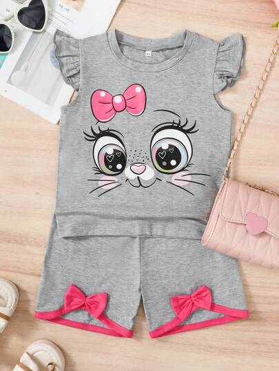 年轻女孩可爱大眼睛图案无袖上衣 + 纯色蝴蝶结短裤 2 件套休闲套装，春夏