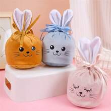 1pc Easter Bunny Drawstring Egg Gift Bag, Rabbit Face Stamping Craft Candy Bag, Suitable As Easter Party Decor Gift Bag For All Ages