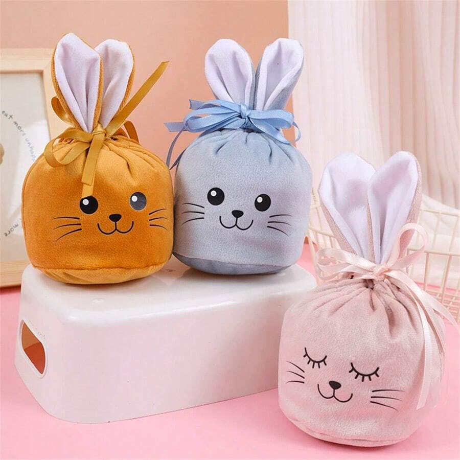 1pc Easter Bunny Drawstring Egg Gift Bag, Rabbit Face Stamping Craft Candy Bag, Suitable As Easter Party Decor Gift Bag For All Ages