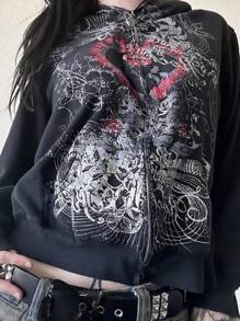 Women Y2k Zip Up Hoodie Fairy Grunge Goth Graphic Oversized Long Sleeve Hooded Sweatshirt Pullover Tops Aesthetic Jacket Coats Teen Girls Harajuku Clothes Outerwear Streetwear - 黑色 - 查看 1