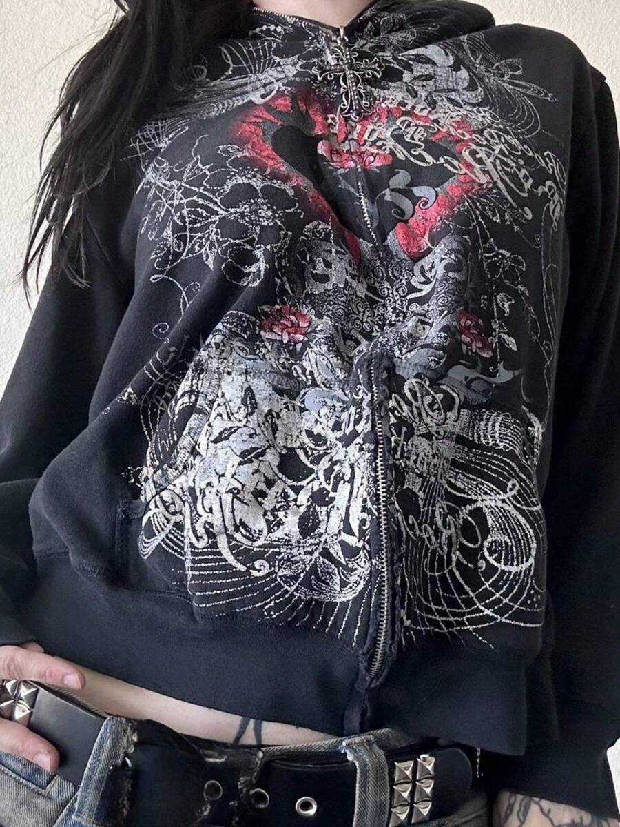 Women Y2k Zip Up Hoodie Fairy Grunge Goth Graphic Oversized Long Sleeve Hooded Sweatshirt Pullover Tops Aesthetic Jacket Coats Teen Girls Harajuku Clothes Outerwear Streetwear - 黑色 - 查看 1