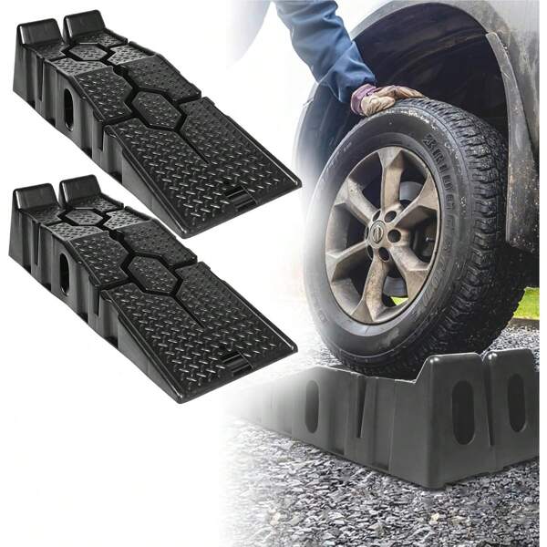 2 Stück Auffahrrampe PKW Kunststoff Auffahrkeile Set KFZ Rampe Laderampe bis 2.5 Tonnen KFZ-Auffahrt Plattform Hebebühne mit Überfahrschutz Hebeplattform Auffahrschiene Verladerampe