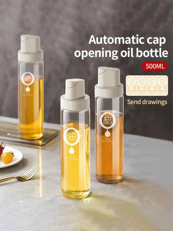 1pc, Glass Oil Distributor Set With Automatic Opening And Closing, Gravity Sensing, Anti-Drip Kitchen Bottle, Suitable For Olive Oil, Vinegar, Soy Sauce And Seasonings Without PVC, Round, Oil Distributor Bottle
