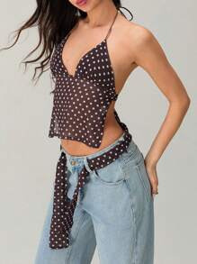 Womens Halter Neck Tops Sleeveless Tie Backless Dots Print Slim Fit Cami Tops Summer Shirts - Màu nâu - Xem 7