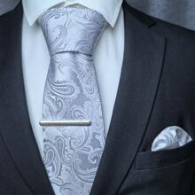 3pcs Set: Men's Classic 3.15-Inch Paisley Necktie, Matching Pocket Square, And Silver Tie Clip Combo, Ideal As Men's Gift, Suitable For Business, Weddings, Grooms, Groomsmen, Parties, Festivals And More - Three-piece Set - View 2